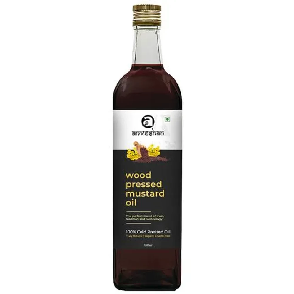 Anveshan Wood Cold Pressed Kachi Ghani Black Mustard Cooking Oil, 1 L Glass Bottle-1.webp